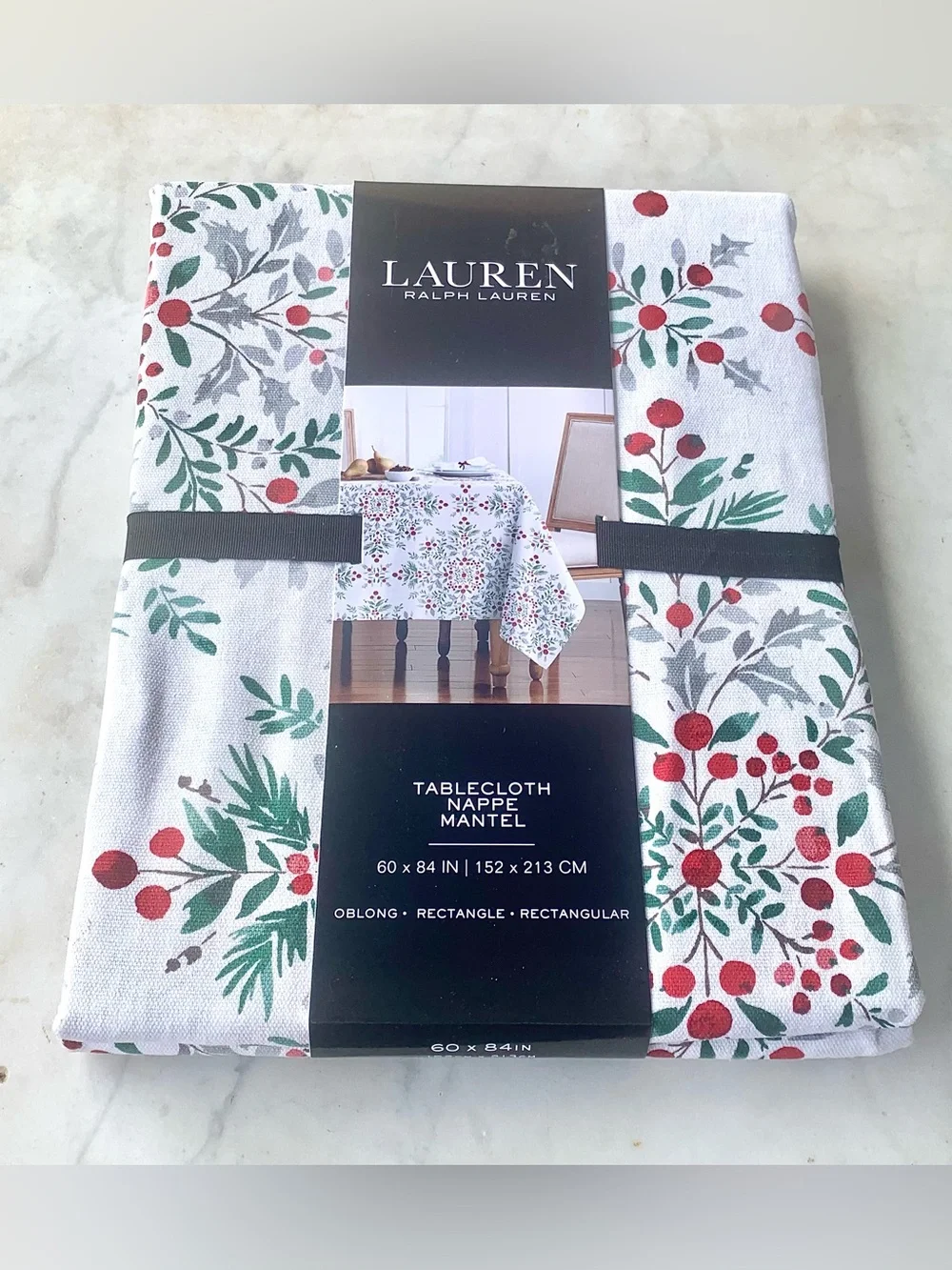 Lauren Ralph Lauren White Tablecloth with Red Berries Green Foliage NEW  60 X 84